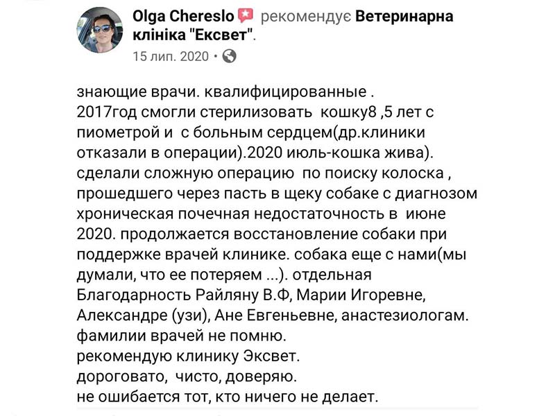Відгук про ветеринарну клініку Ексвет - лікування тварин