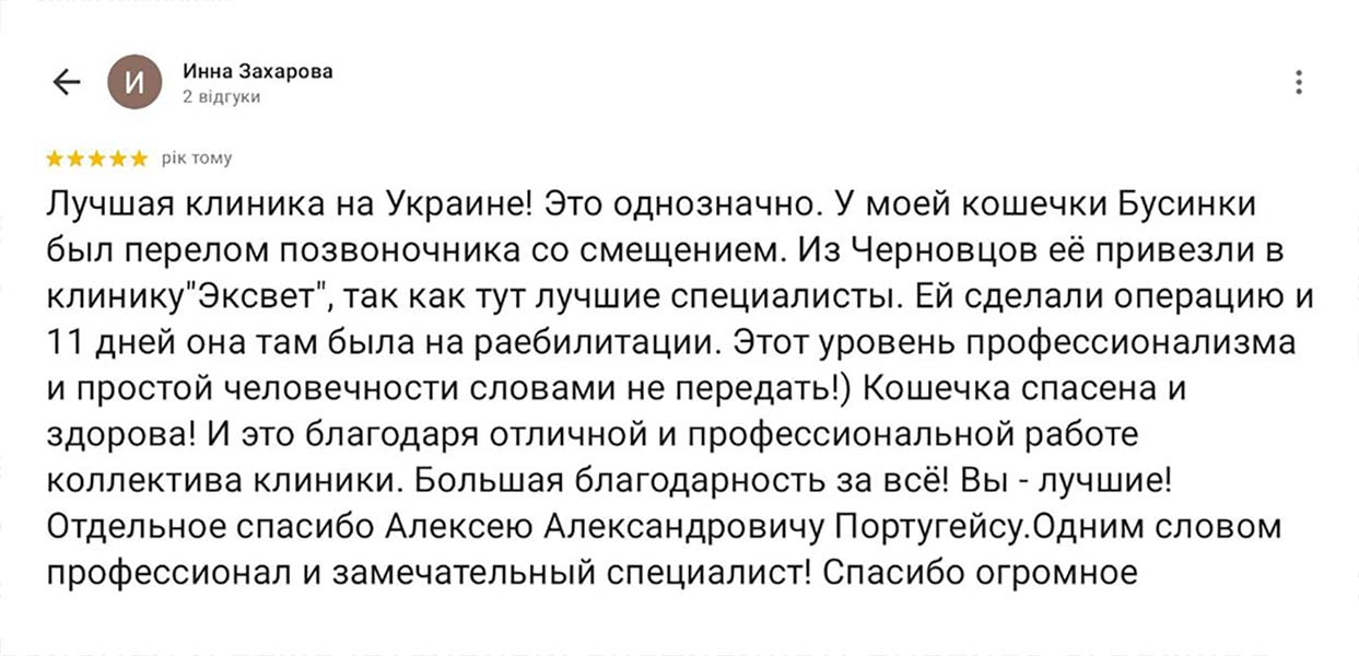 Відгук пр оветеринарну клініку Ексвет - лікування перелому хребта у кішки