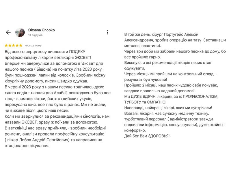 Ветеринарна клініка Ексвет, відгук пацієнта